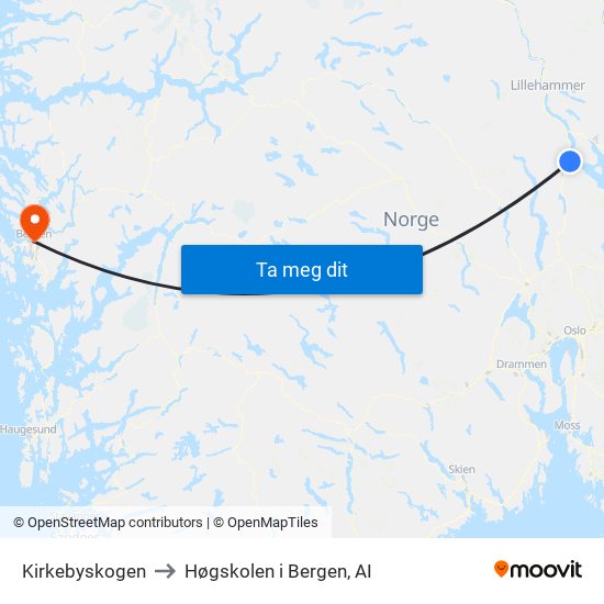 Kirkebyskogen to Høgskolen i Bergen, AI map