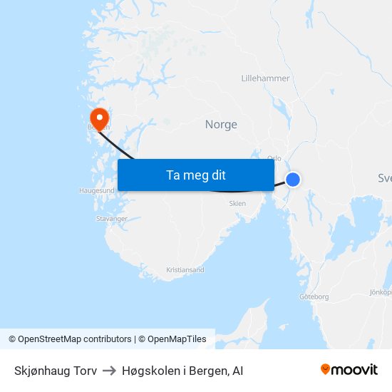 Skjønhaug Torv to Høgskolen i Bergen, AI map