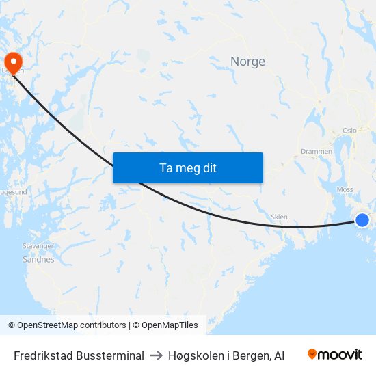 Fredrikstad Bussterminal to Høgskolen i Bergen, AI map