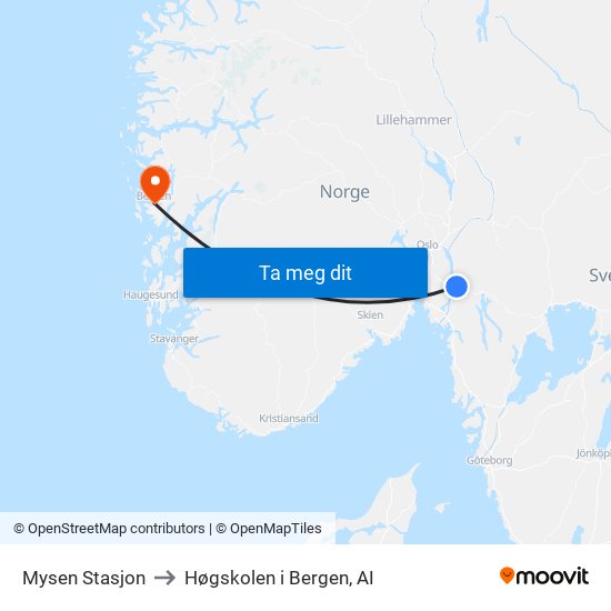 Mysen Stasjon to Høgskolen i Bergen, AI map