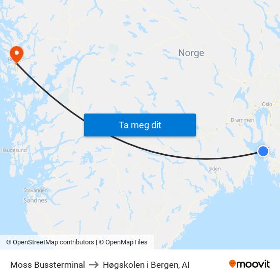 Moss Bussterminal to Høgskolen i Bergen, AI map