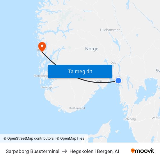 Sarpsborg Bussterminal to Høgskolen i Bergen, AI map