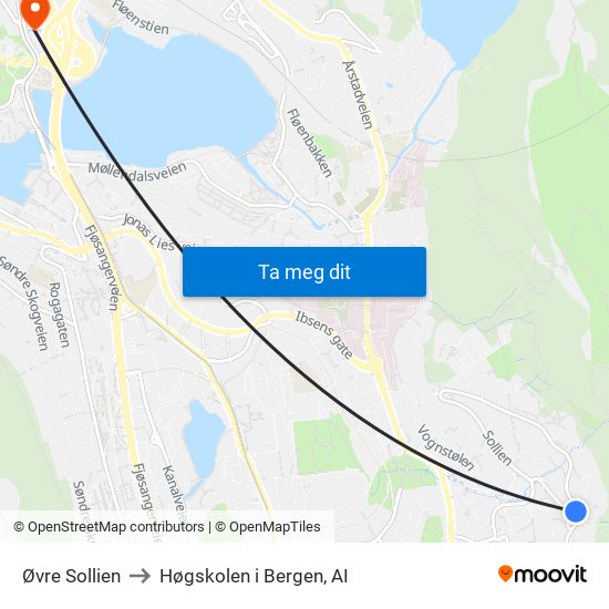 Øvre Sollien to Høgskolen i Bergen, AI map