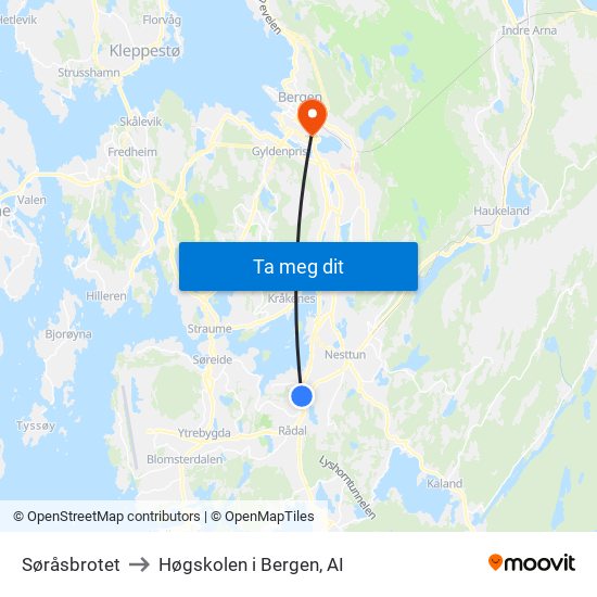 Søråsbrotet to Høgskolen i Bergen, AI map