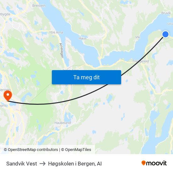 Sandvik Vest to Høgskolen i Bergen, AI map