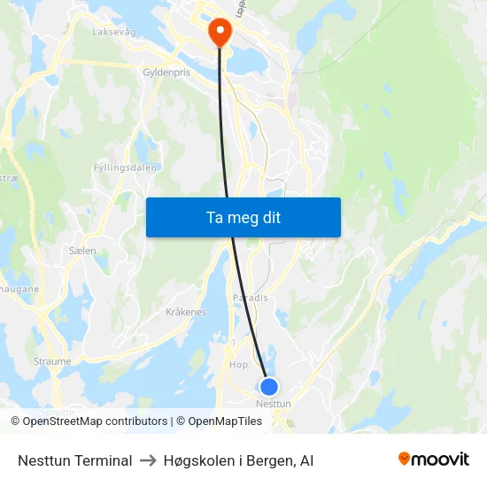 Nesttun Terminal to Høgskolen i Bergen, AI map
