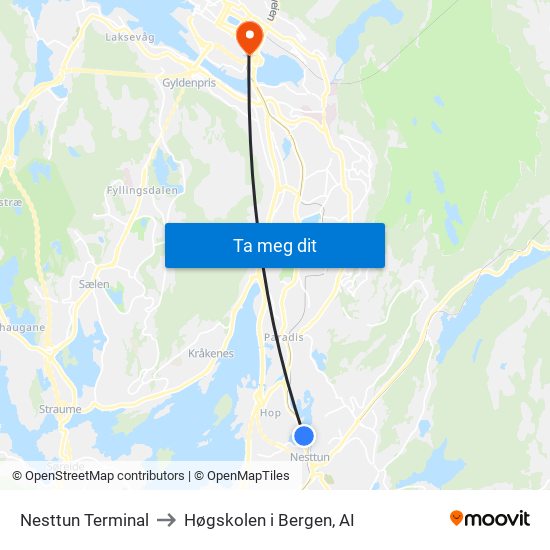 Nesttun Terminal to Høgskolen i Bergen, AI map