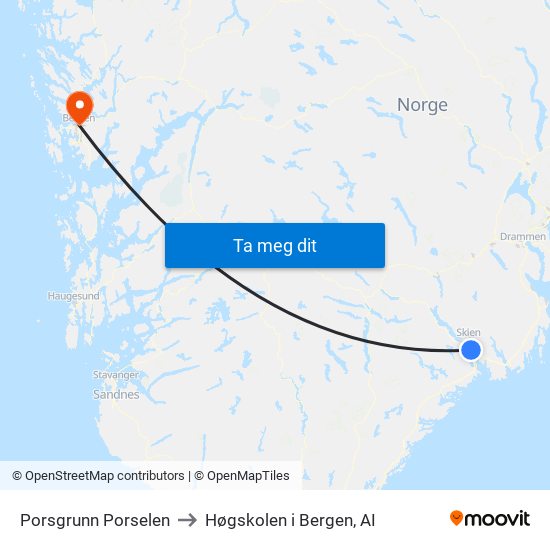 Porsgrunn Porselen to Høgskolen i Bergen, AI map