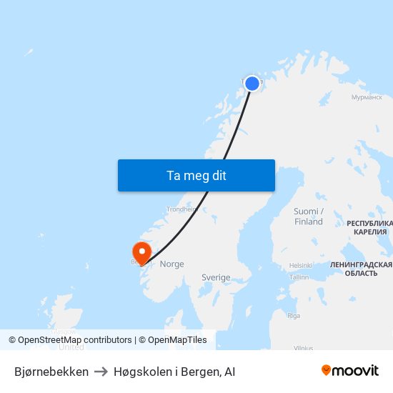 Bjørnebekken to Høgskolen i Bergen, AI map