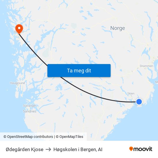 Ødegården Kjose to Høgskolen i Bergen, AI map