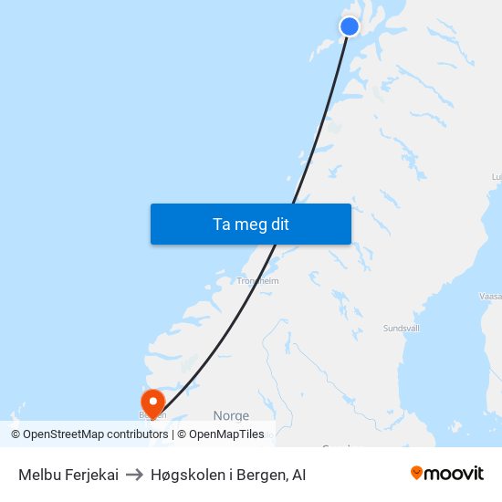 Melbu Ferjekai to Høgskolen i Bergen, AI map