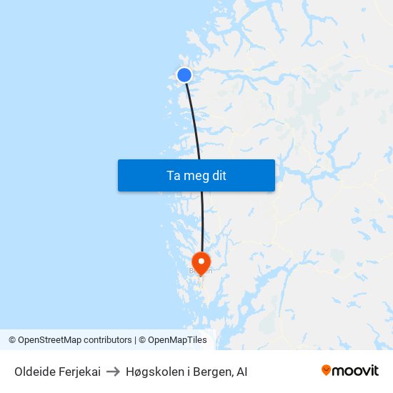 Oldeide Ferjekai to Høgskolen i Bergen, AI map