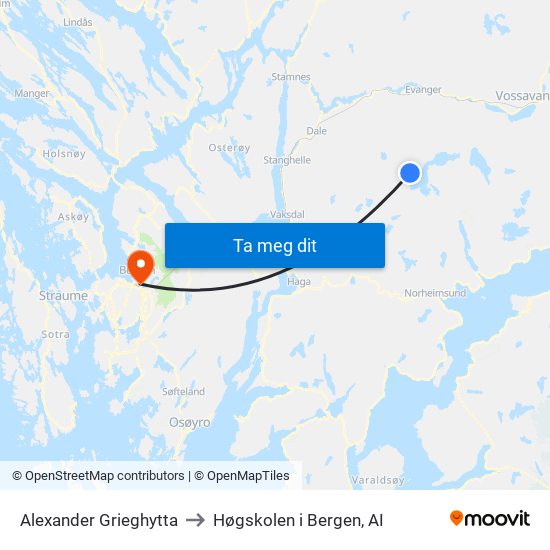 Alexander Grieghytta to Høgskolen i Bergen, AI map
