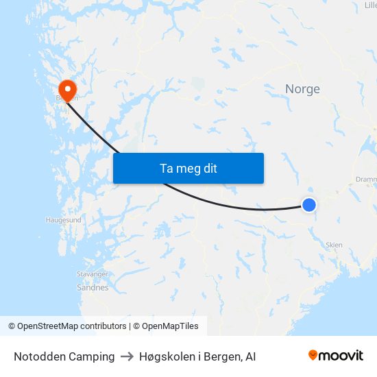 Notodden Camping to Høgskolen i Bergen, AI map