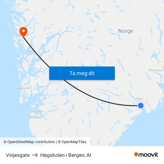 Vinjesgate to Høgskolen i Bergen, AI map