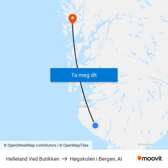 Helleland Ved Butikken to Høgskolen i Bergen, AI map