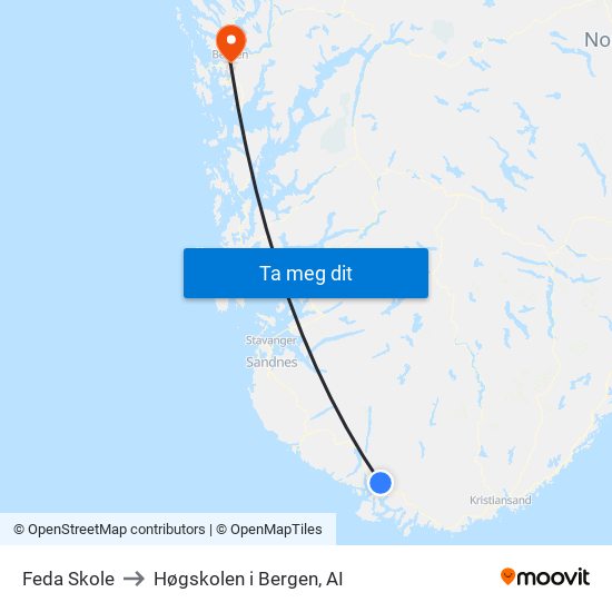 Feda Skole to Høgskolen i Bergen, AI map