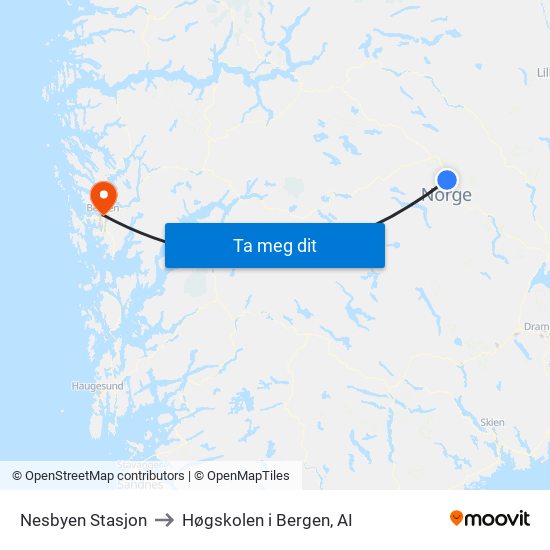 Nesbyen Stasjon to Høgskolen i Bergen, AI map