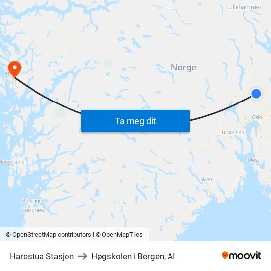 Harestua Stasjon to Høgskolen i Bergen, AI map