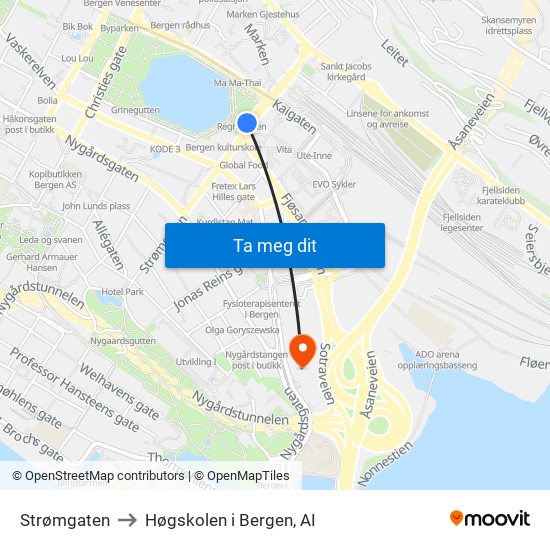 Strømgaten to Høgskolen i Bergen, AI map