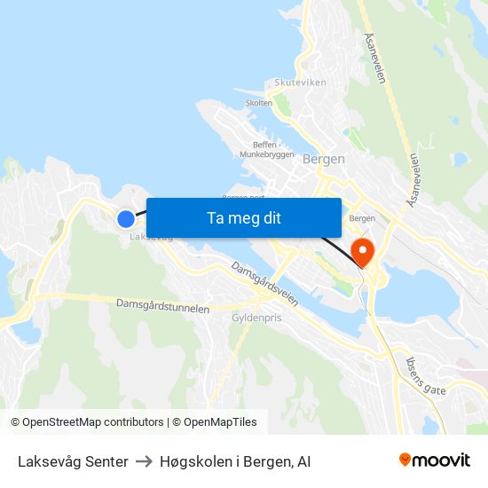 Laksevåg Senter to Høgskolen i Bergen, AI map