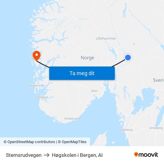 Stemsrudvegen to Høgskolen i Bergen, AI map