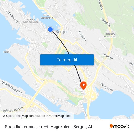 Strandkaiterminalen to Høgskolen i Bergen, AI map