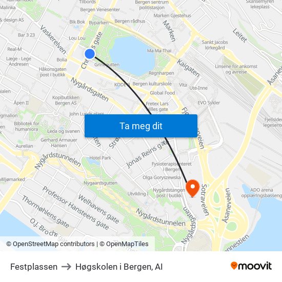 Festplassen to Høgskolen i Bergen, AI map