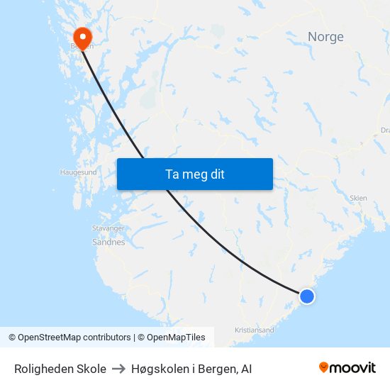 Roligheden Skole to Høgskolen i Bergen, AI map
