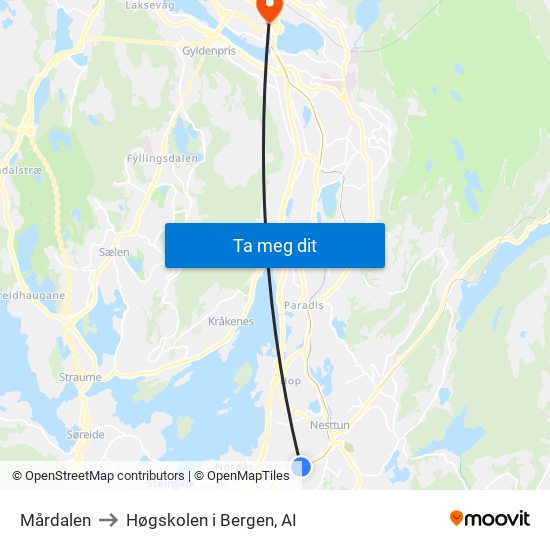 Mårdalen to Høgskolen i Bergen, AI map