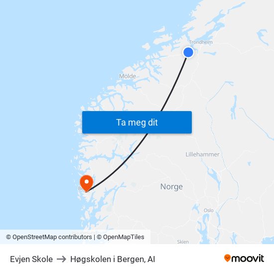 Evjen Skole to Høgskolen i Bergen, AI map
