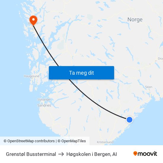 Grenstøl Bussterminal to Høgskolen i Bergen, AI map