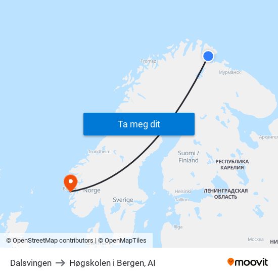 Dalsvingen to Høgskolen i Bergen, AI map