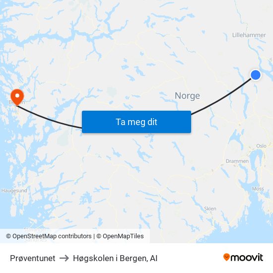 Prøventunet to Høgskolen i Bergen, AI map