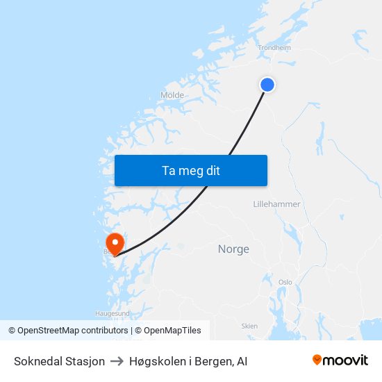 Soknedal Stasjon to Høgskolen i Bergen, AI map