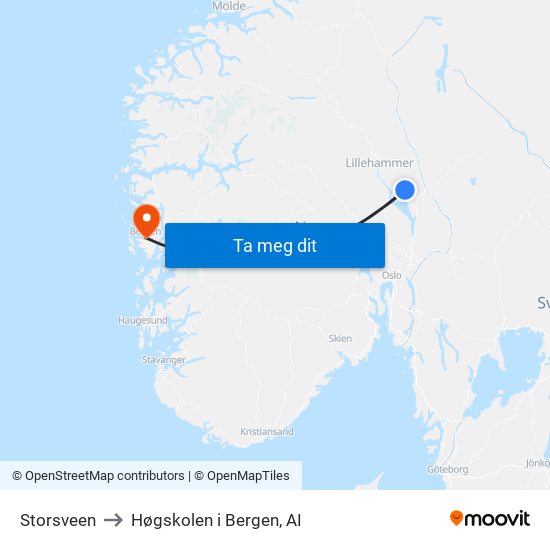 Storsveen to Høgskolen i Bergen, AI map