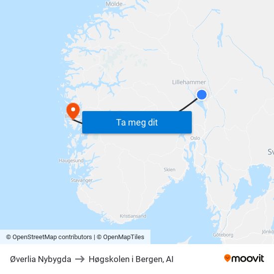 Øverlia Nybygda to Høgskolen i Bergen, AI map