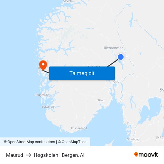 Maurud to Høgskolen i Bergen, AI map