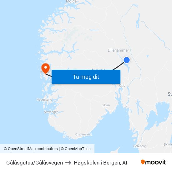 Gålåsgutua/Gålåsvegen to Høgskolen i Bergen, AI map