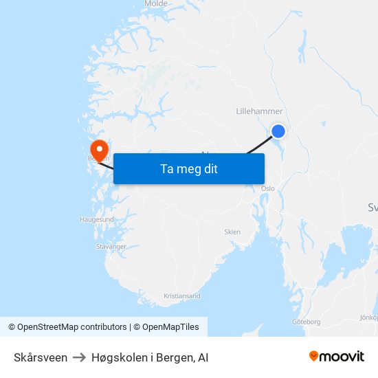 Skårsveen to Høgskolen i Bergen, AI map