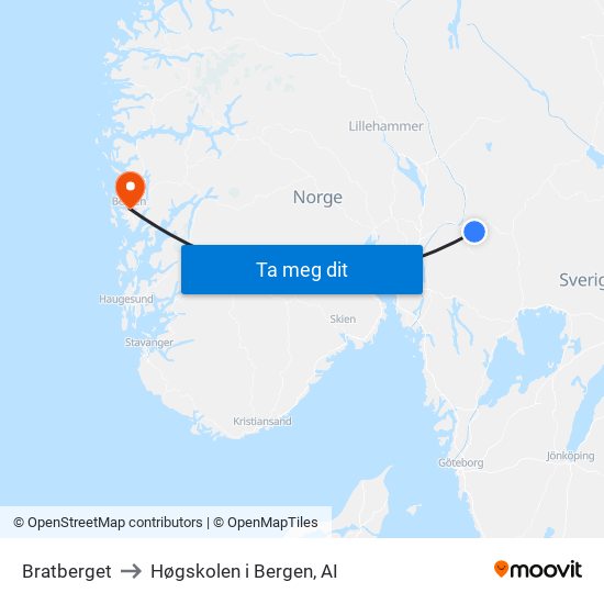 Bratberget to Høgskolen i Bergen, AI map