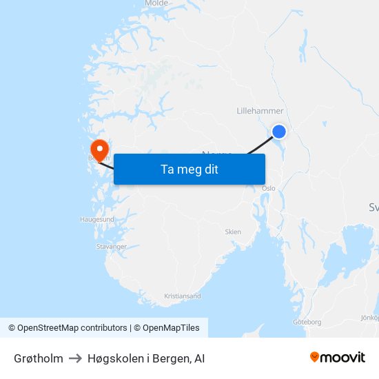 Grøtholm to Høgskolen i Bergen, AI map