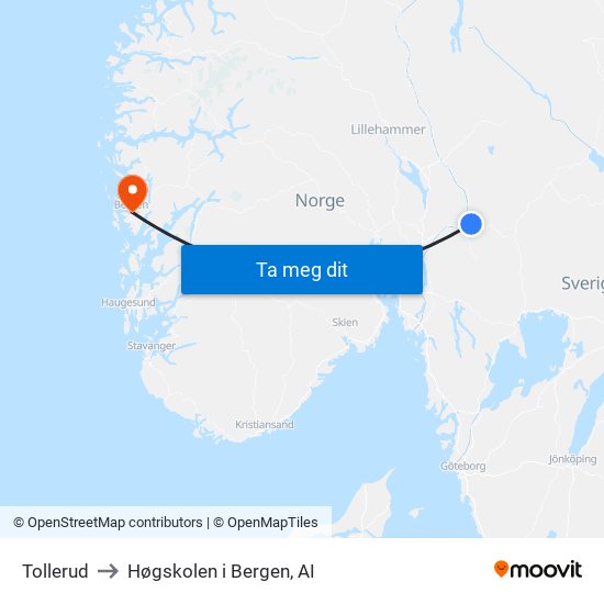 Tollerud to Høgskolen i Bergen, AI map