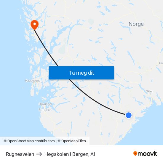 Rugnesveien to Høgskolen i Bergen, AI map