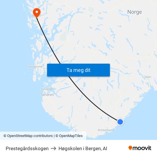 Prestegårdsskogen to Høgskolen i Bergen, AI map