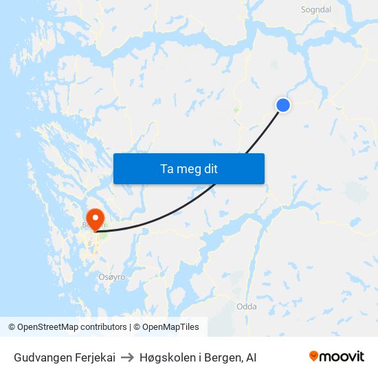 Gudvangen Ferjekai to Høgskolen i Bergen, AI map