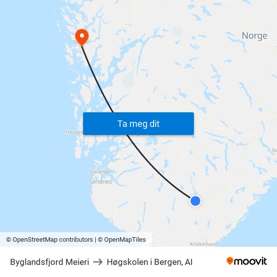Byglandsfjord Meieri to Høgskolen i Bergen, AI map