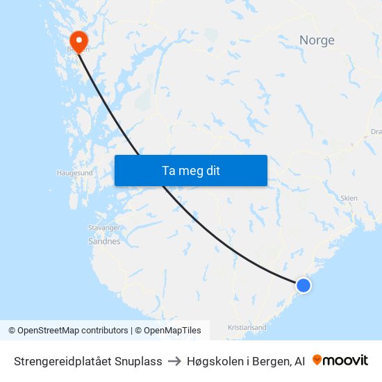 Strengereidplatået Snuplass to Høgskolen i Bergen, AI map