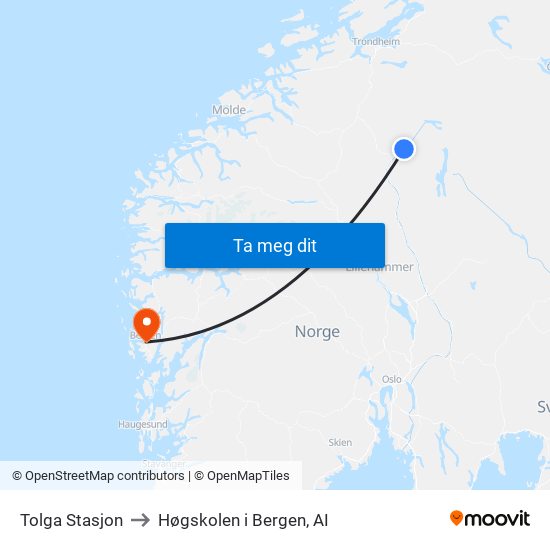 Tolga Stasjon to Høgskolen i Bergen, AI map