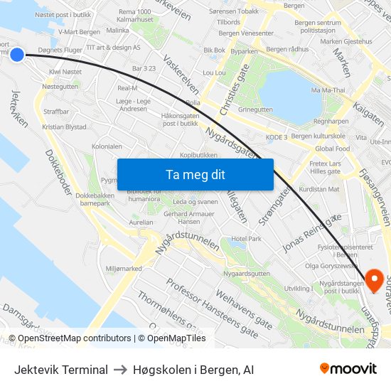 Jektevik Terminal to Høgskolen i Bergen, AI map